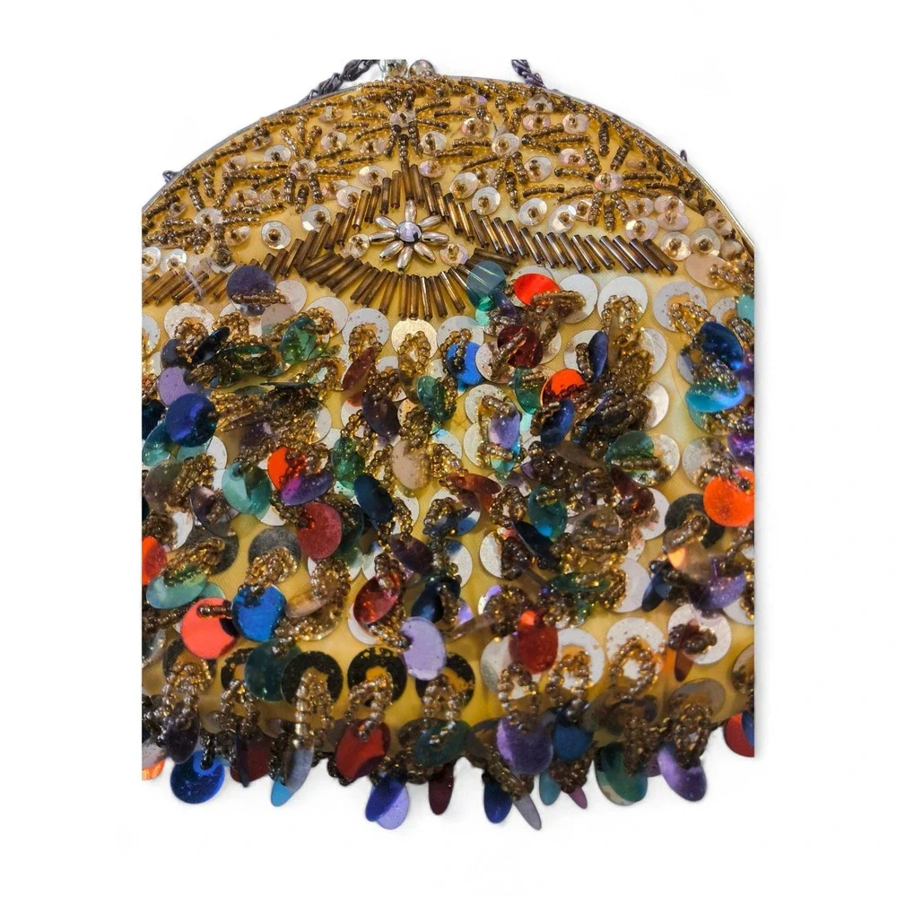 Vintage Beaded Sequin Evening Bag Gold Fringe Kiss Lock Boho Glam - Picture 6 of 10